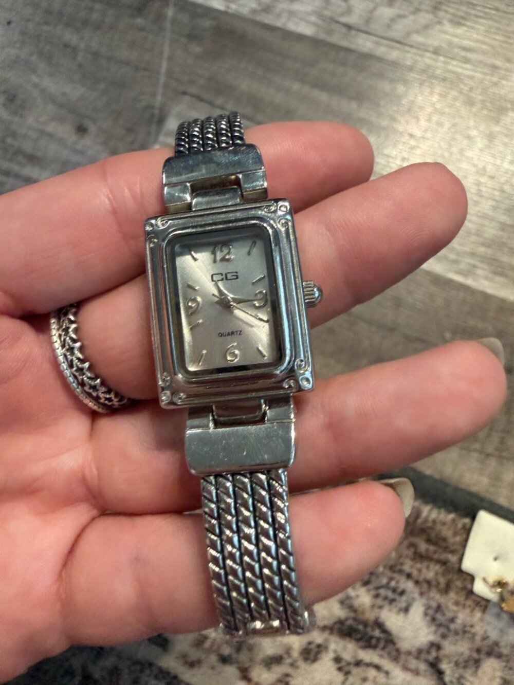 Vintage CG Quartz Silver-Tone Rectangular Watch Stainless Steel Back Japan Movem